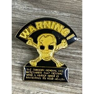 Vintage Harley Rider Warning Skull Crossbones Enamel Pin Gold Black Biker Lapel